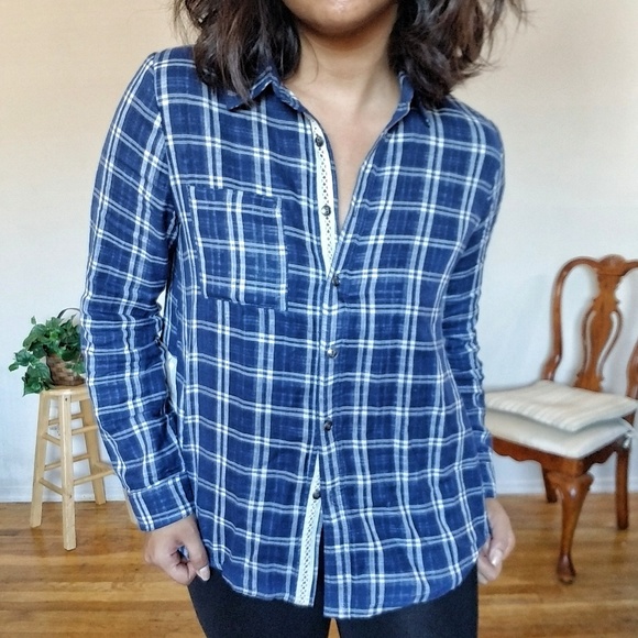 PRETTY IN PLAID BLUE CREAM SHIRT TOP - Picture 15 of 15